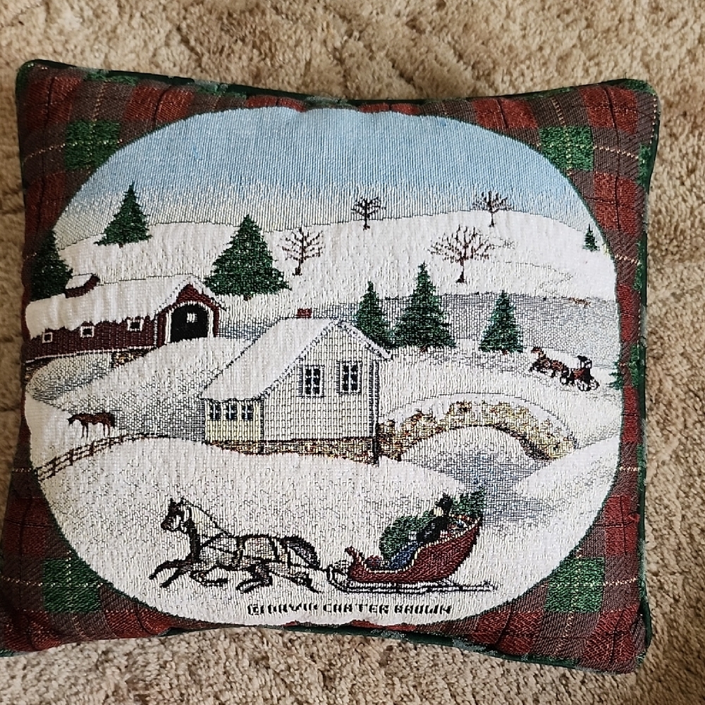 Vintage Tapestry Winter Scene Decorative Pillow Gavin Carter Brown